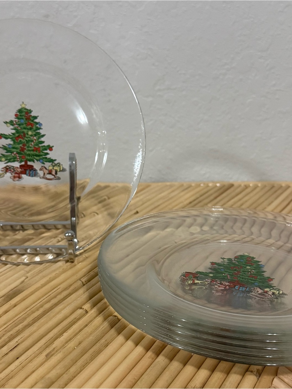 Set  of 6 Vintage Arcoroc France Noel Christmas Tree Glass Salad/Dessert Plates